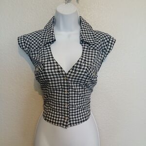 GUESS Navy & White Gingham Checkered Snap Button Up Crop Top Blouse Size Large